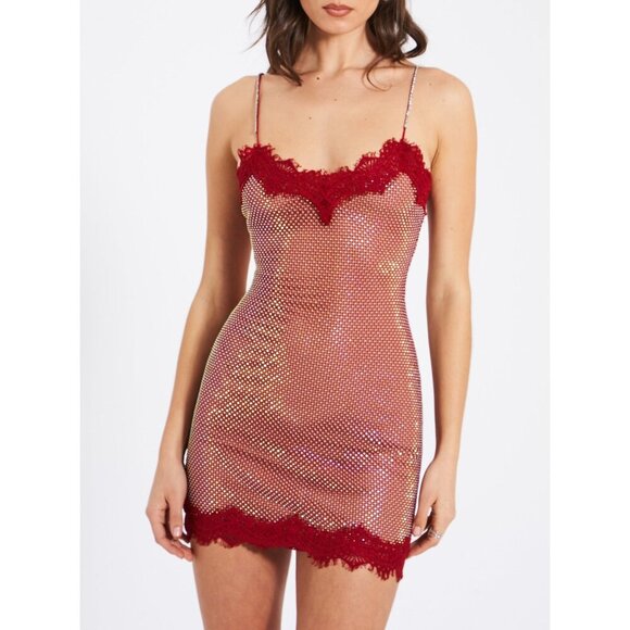 Remi Red Mesh Rhinestone Lace Mini Dress - Picture 1 of 15